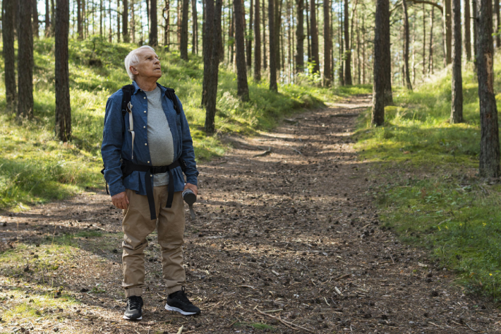 Photo d'un homme d'un certain âge marchant dans la forêt et regardant en l'air